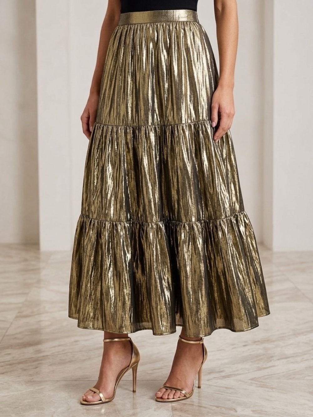 J.CREW Tiered Maxi Party Skirt in Gold metallic lamé Women’s Size Medium - Picture 1 of 8